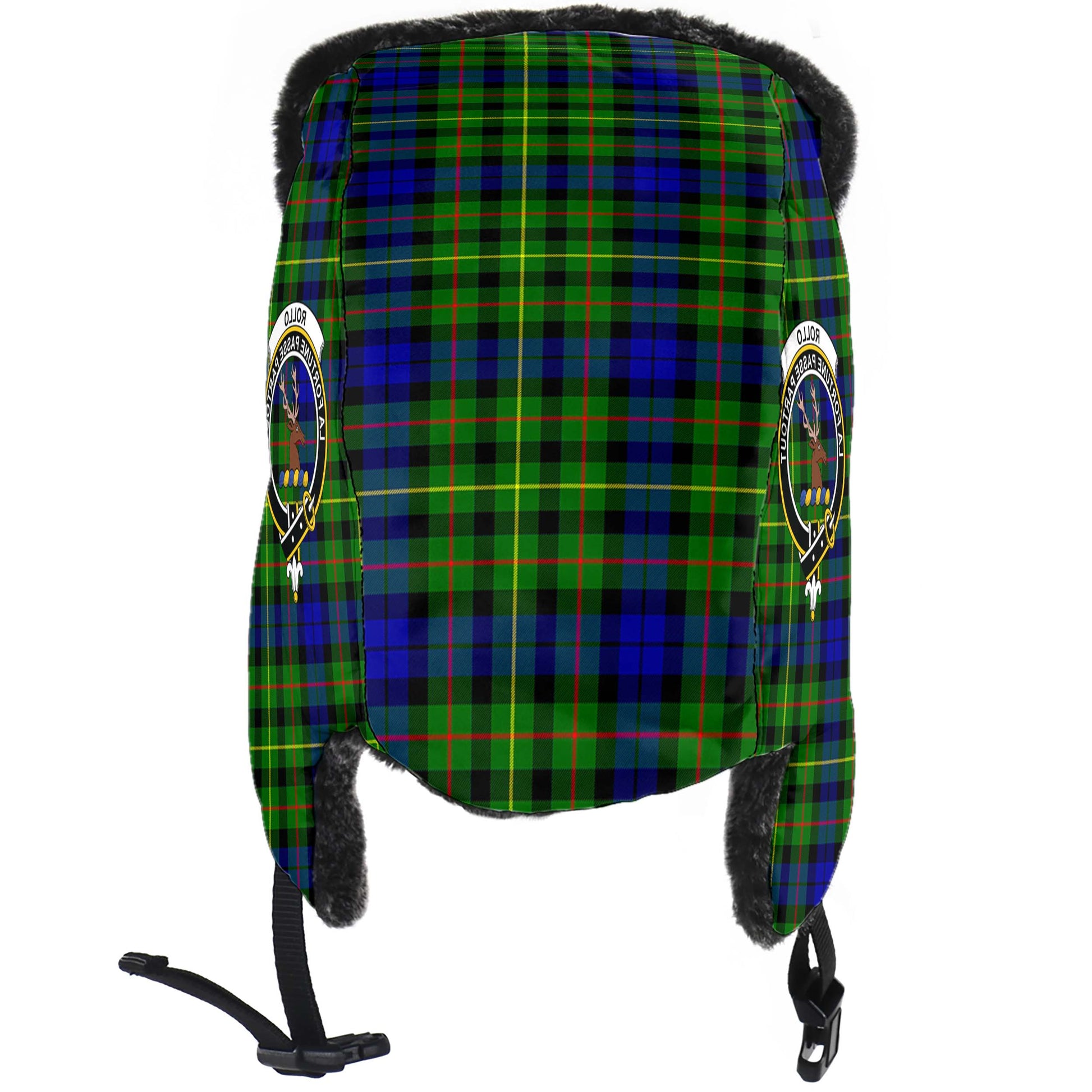 Rollo Modern Tartan Winter Trapper Hat with Family Crest - Tartanvibesclothing