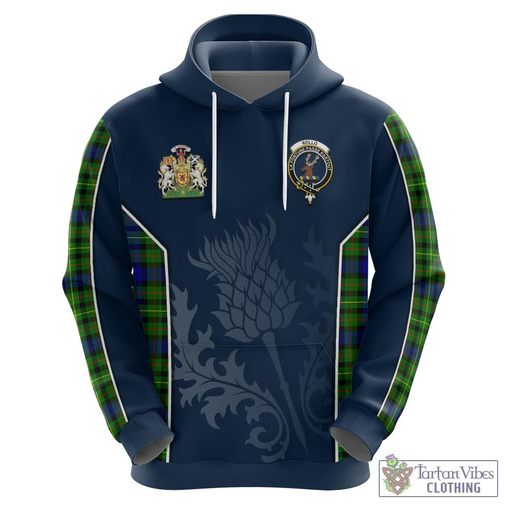 Tartan Vibes Clothing Rollo Modern Tartan Hoodie with Family Crest and Scottish Thistle Vibes Sport Style