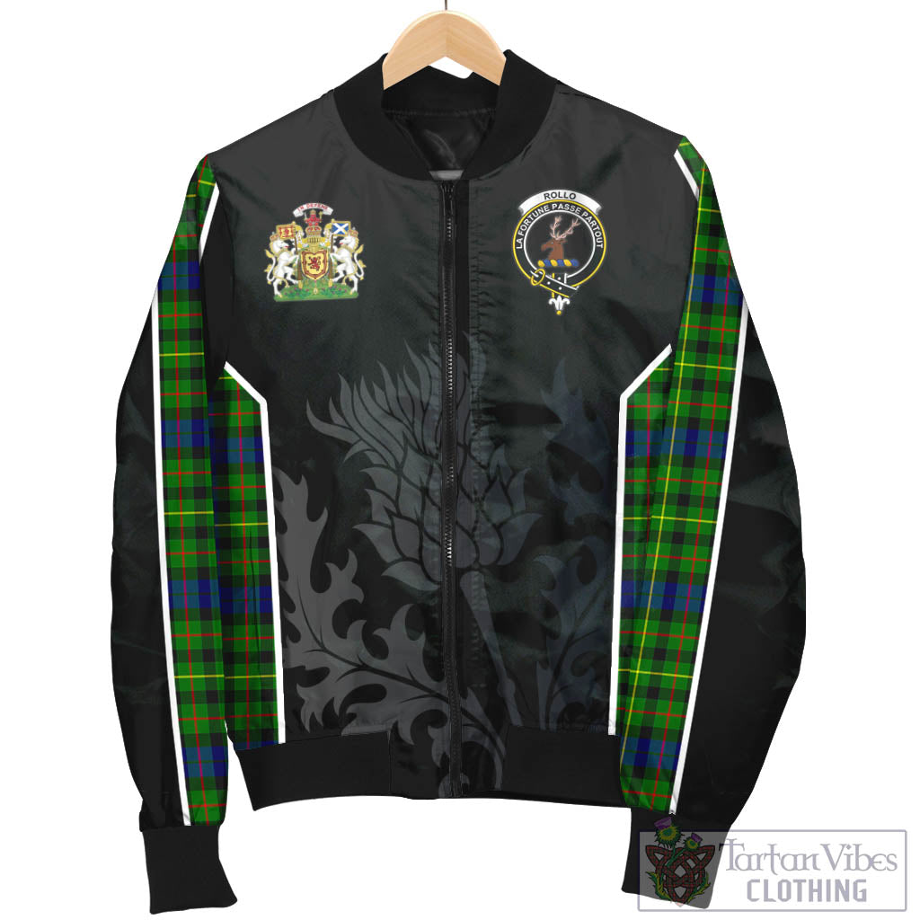 Tartan Vibes Clothing Rollo Modern Tartan Bomber Jacket with Family Crest and Scottish Thistle Vibes Sport Style