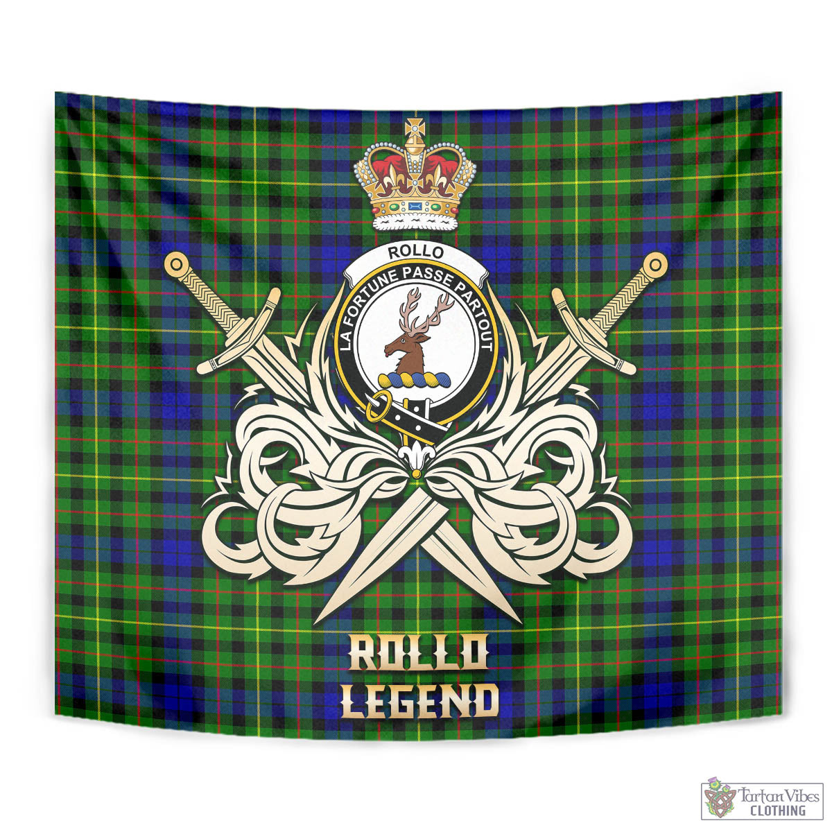 Tartan Vibes Clothing Rollo Modern Tartan Tapestry with Clan Crest and the Golden Sword of Courageous Legacy