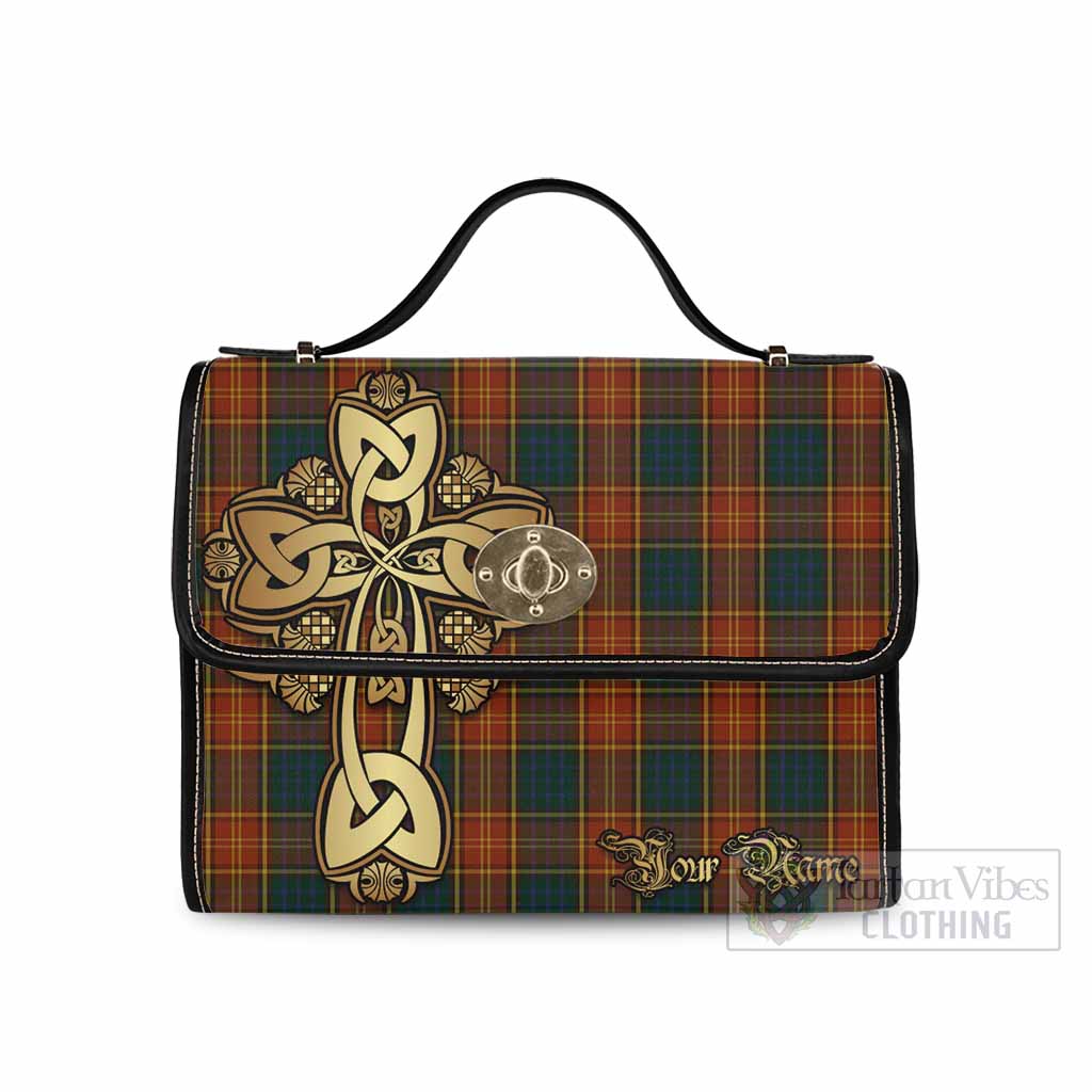 Tartan Vibes Clothing Roscommon County Ireland Tartan Waterproof Canvas Bag Golden Thistle Celtic Cross Style