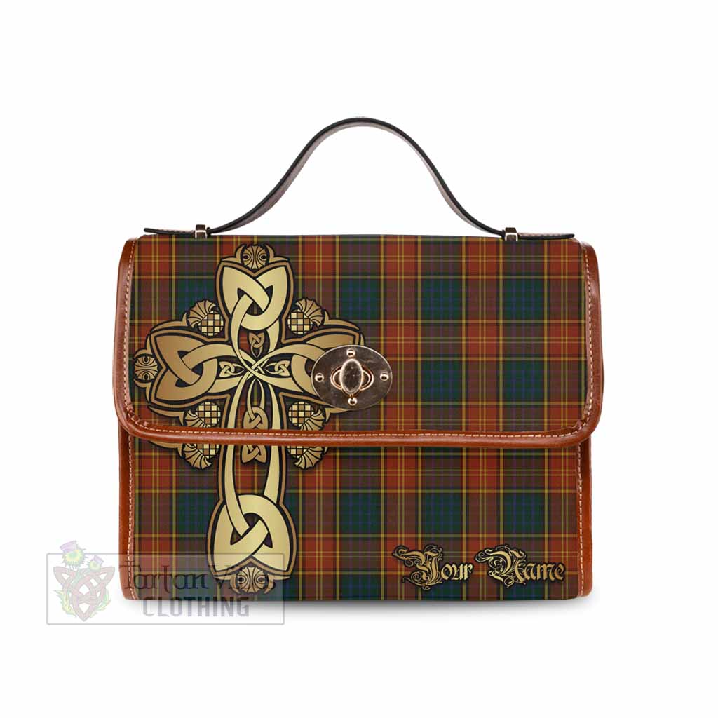 Tartan Vibes Clothing Roscommon County Ireland Tartan Waterproof Canvas Bag Golden Thistle Celtic Cross Style