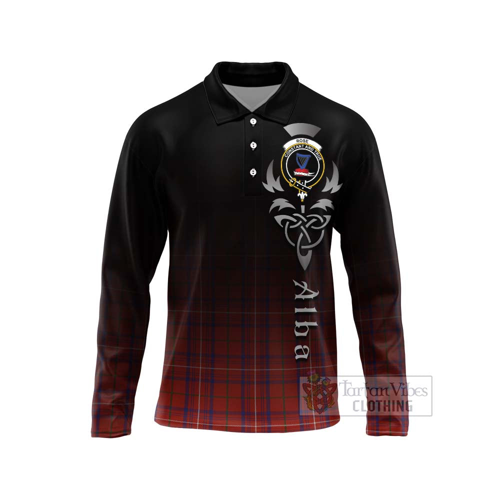 Tartan Vibes Clothing Rose Tartan Long Sleeve Polo Shirt Featuring Alba Gu Brath Family Crest Celtic Inspired