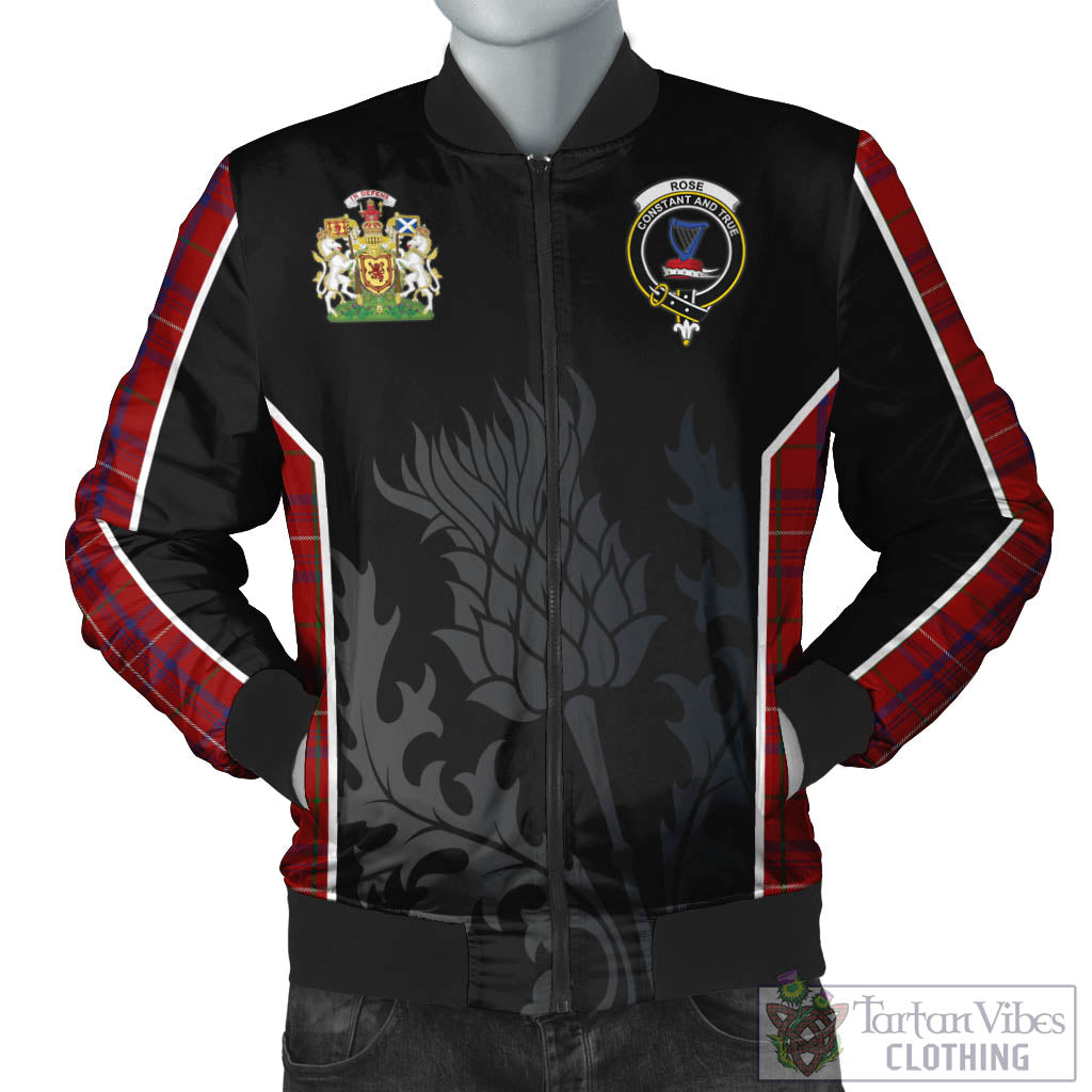 Tartan Vibes Clothing Rose Tartan Bomber Jacket with Family Crest and Scottish Thistle Vibes Sport Style