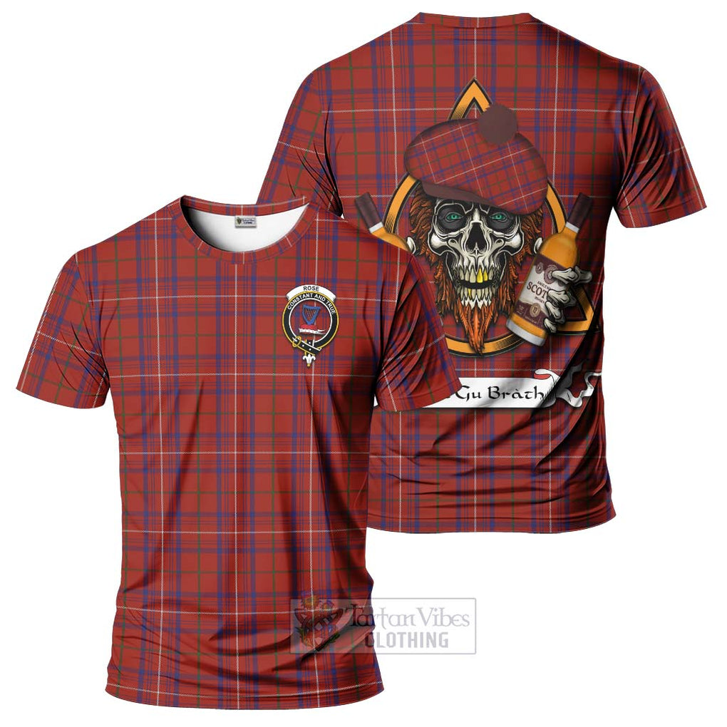 Tartan Vibes Clothing Rose Tartan T-Shirt with Family Crest and Bearded Skull Holding Bottles of Whiskey