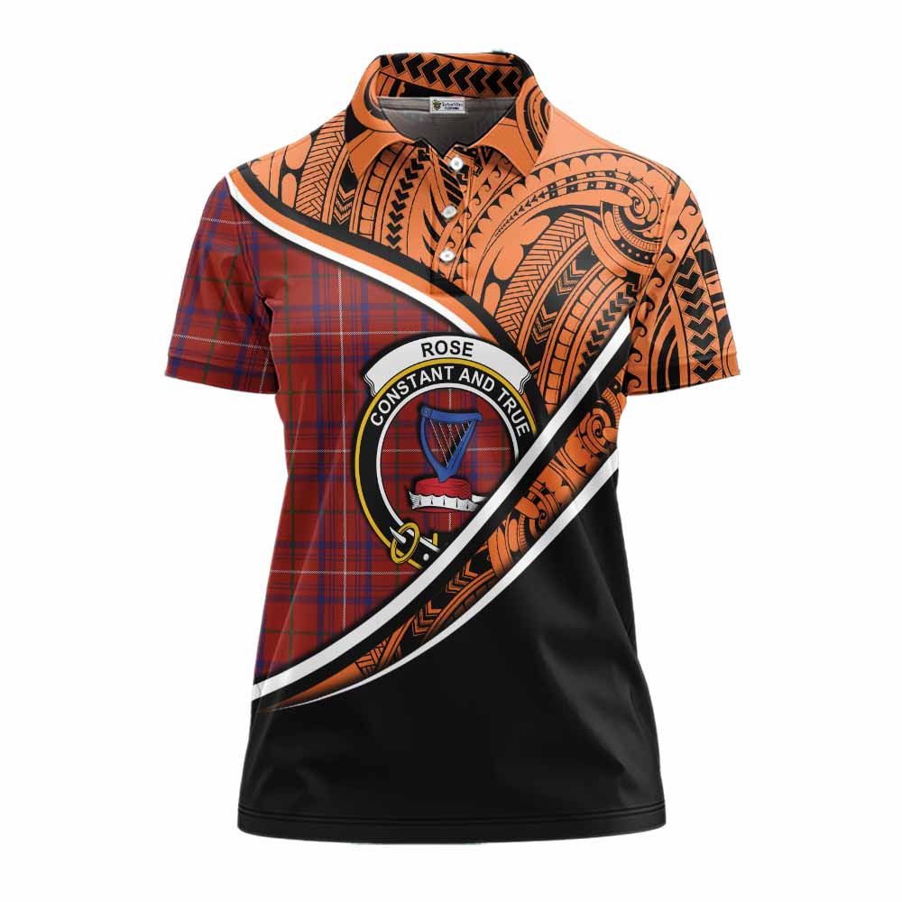 Tartan Vibes Clothing Rose Crest Tartan Women's Polo Shirt with Maori Tattoo Style - Orange Version