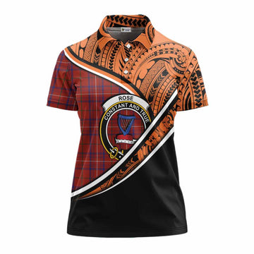 Rose Crest Tartan Women's Polo Shirt with Polynesian Vibes Style - Orange Version