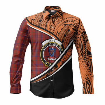 Rose Crest Tartan Long Sleeve Button Shirt with Polynesian Vibes Style - Orange Version