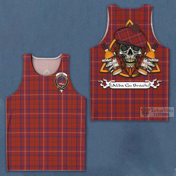 Rose Tartan Men's Tank Top with Family Crest and Bearded Skull Holding Bottles of Whiskey