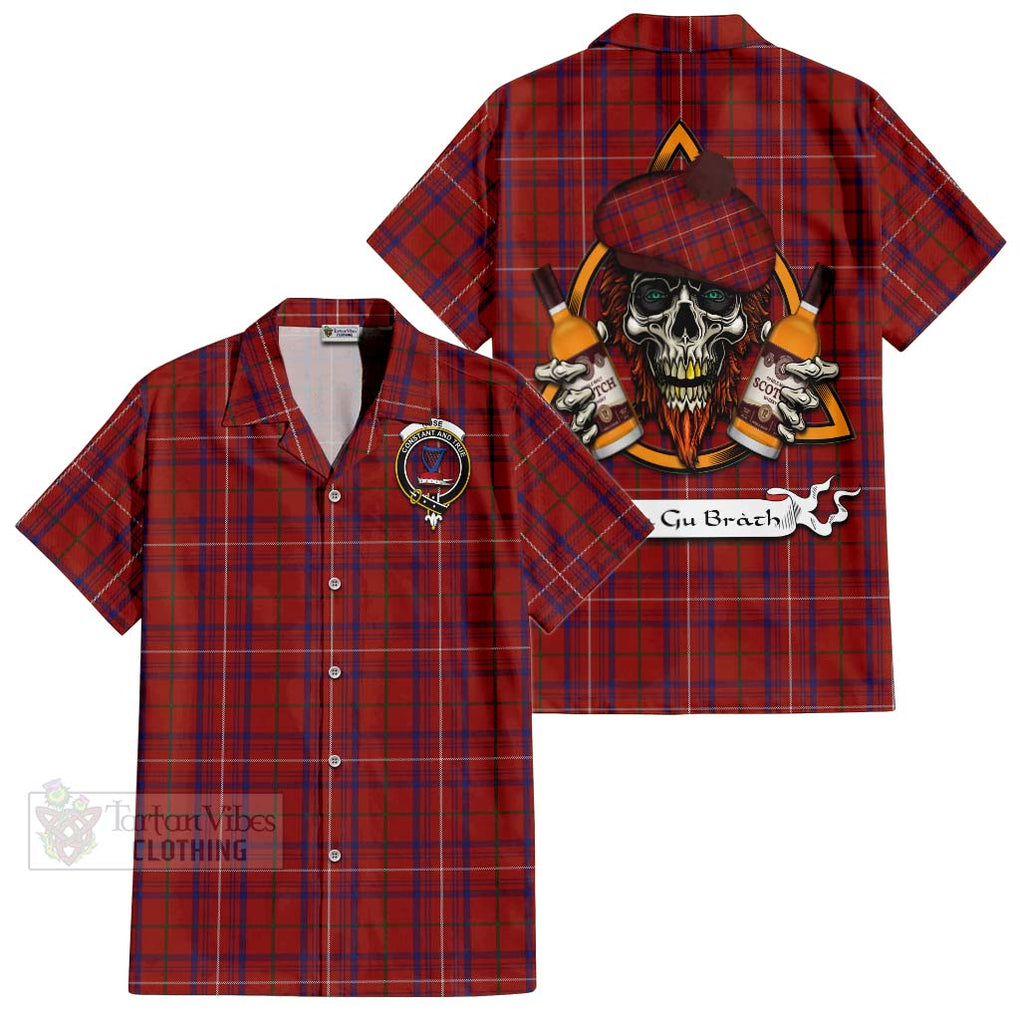 Tartan Vibes Clothing Rose Tartan Short Sleeve Button Shirt with Family Crest and Bearded Skull Holding Bottles of Whiskey