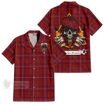 Rose Tartan Short Sleeve Button Shirt with Family Crest and Bearded Skull Holding Bottles of Whiskey