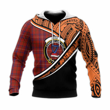 Rose Crest Tartan Knitted Hoodie with Polynesian Vibes Style - Orange Version