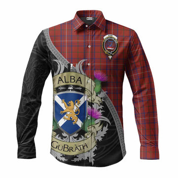 Rose Tartan Family Crest Long Sleeve Button Shirt Lion Rampant Royal Thistle Shield Celtic Inspired