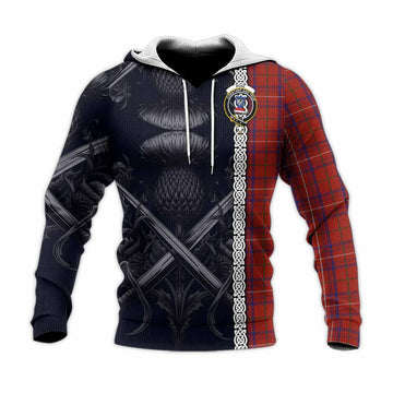 Rose Tartan Knitted Hoodie with Family Crest Cross Sword Thistle Celtic Vibes