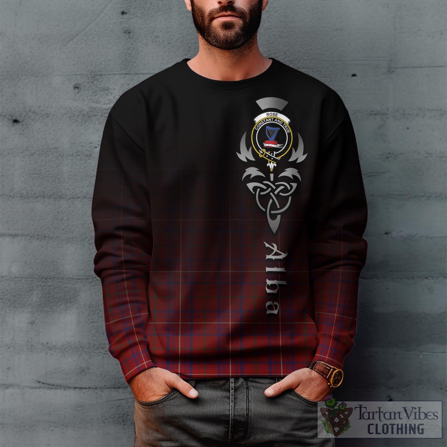 Tartan Vibes Clothing Rose Tartan Sweatshirt Featuring Alba Gu Brath Family Crest Celtic Inspired