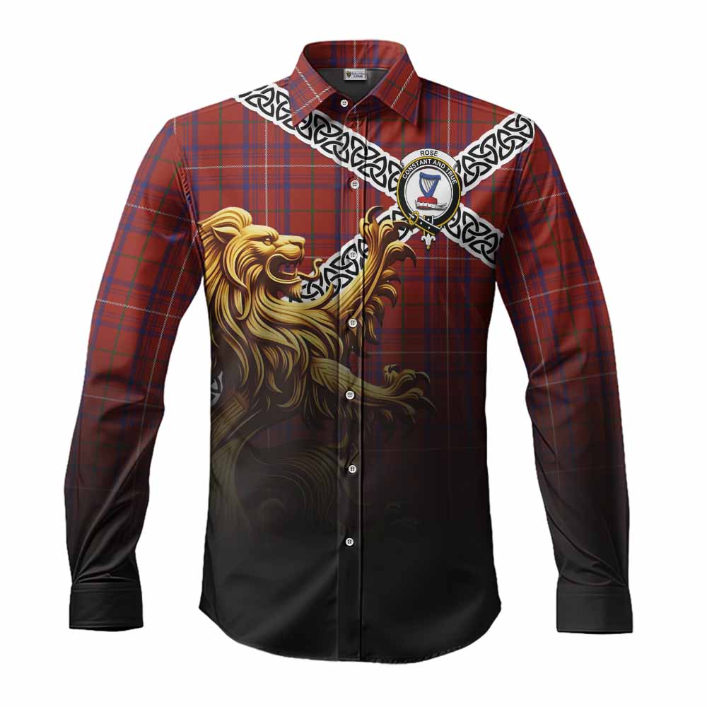 Rose Crest Tartan Long Sleeve Button Shirt with Golden Lion Emblem Celtic Style Men's Shirt S - Tartan Vibes Clothing