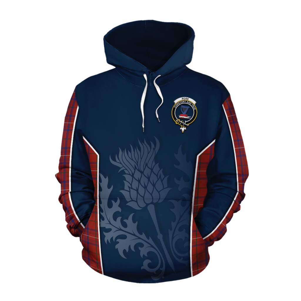 Tartan Vibes Clothing Rose Tartan Cotton Hoodie with Family Crest and Scottish Thistle Vibes Sport Style