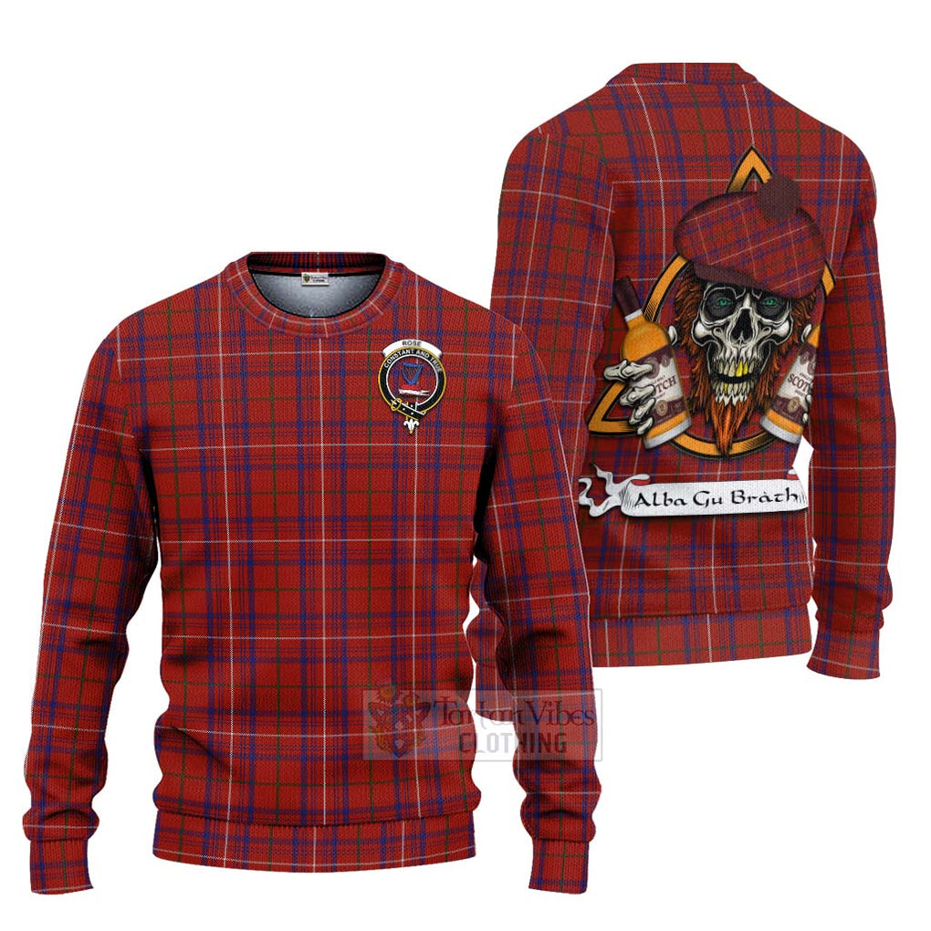 Tartan Vibes Clothing Rose Tartan Knitted Sweater with Family Crest and Bearded Skull Holding Bottles of Whiskey