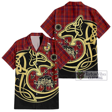 Rose Tartan Short Sleeve Button Shirt with Family Crest Celtic Wolf Style