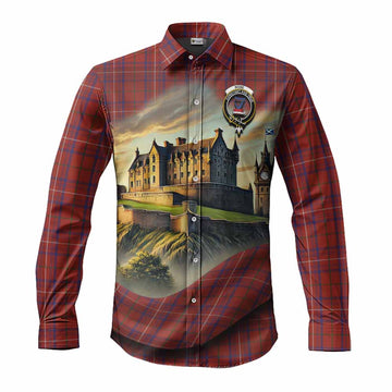 Rose Tartan Family Crest Long Sleeve Button Shirt with Scottish Ancient Castle Style