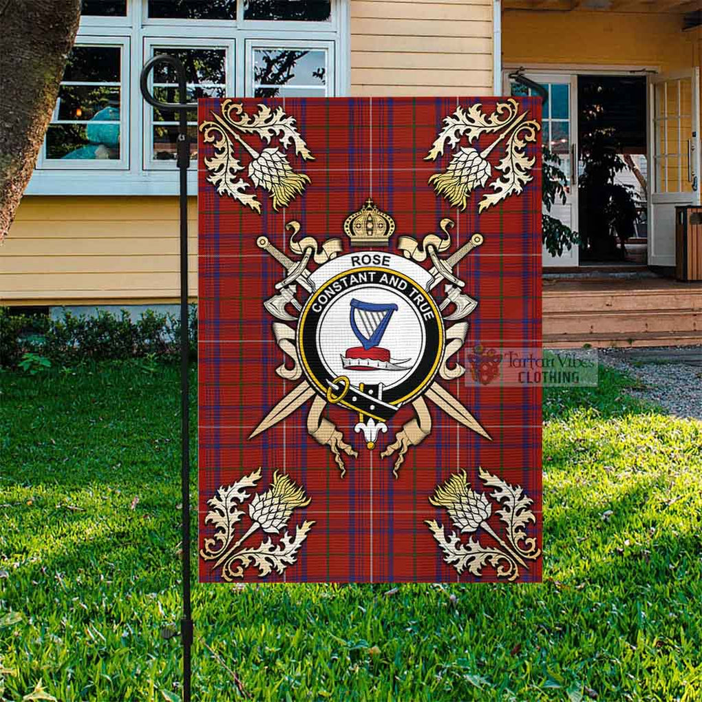 Tartan Vibes Clothing Rose Tartan Flag with Family Crest and Golden Thistle Crossed Sword Design