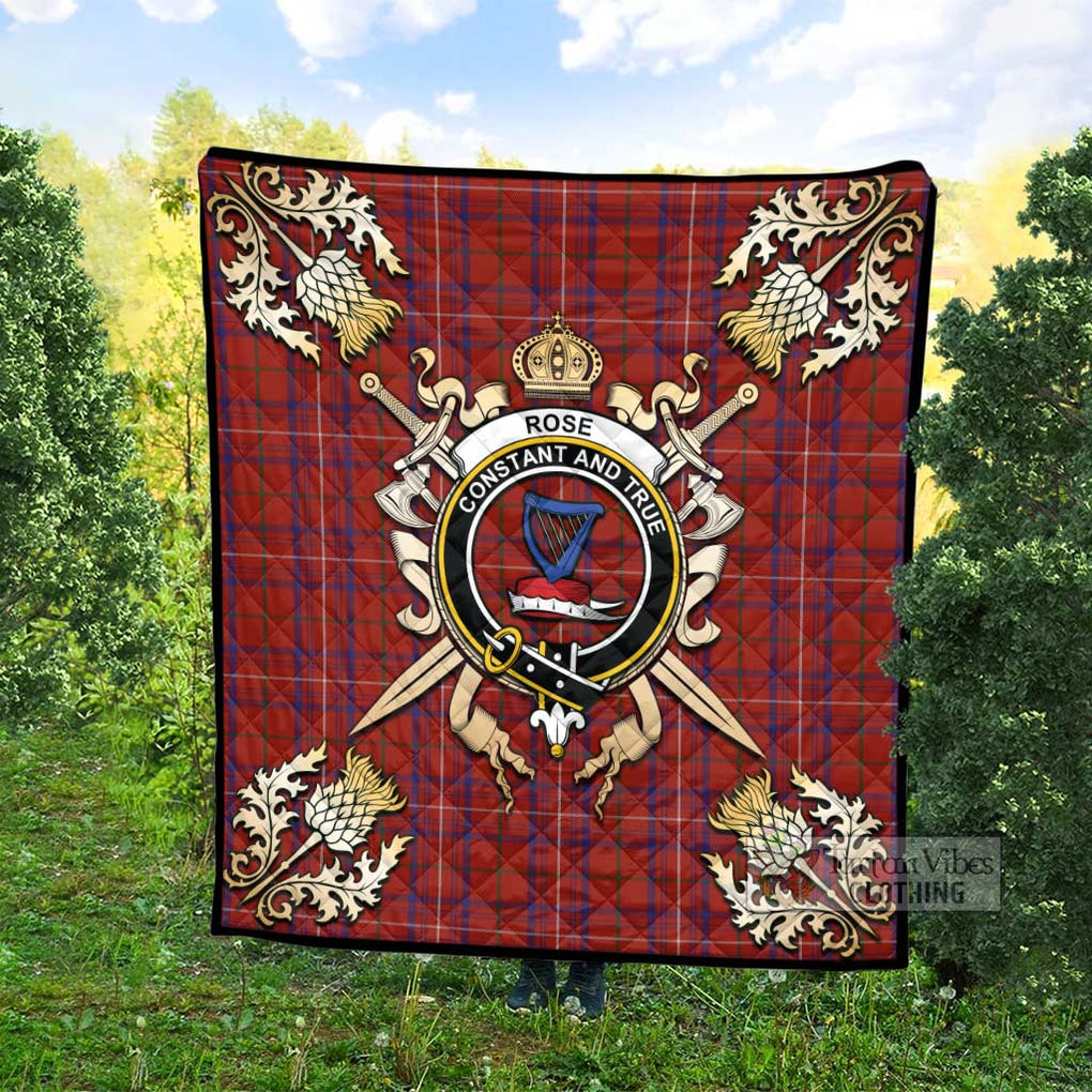 Tartan Vibes Clothing Rose Tartan Quilt with Family Crest and Scottish Golden Courage Shield