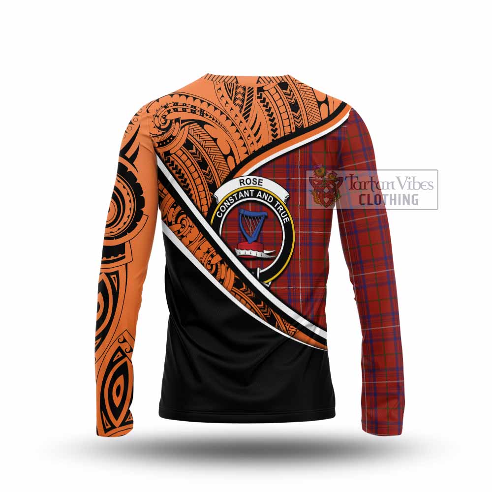 Tartan Vibes Clothing Rose Crest Tartan Long Sleeve T-Shirt with Maori Tattoo Style - Orange Version