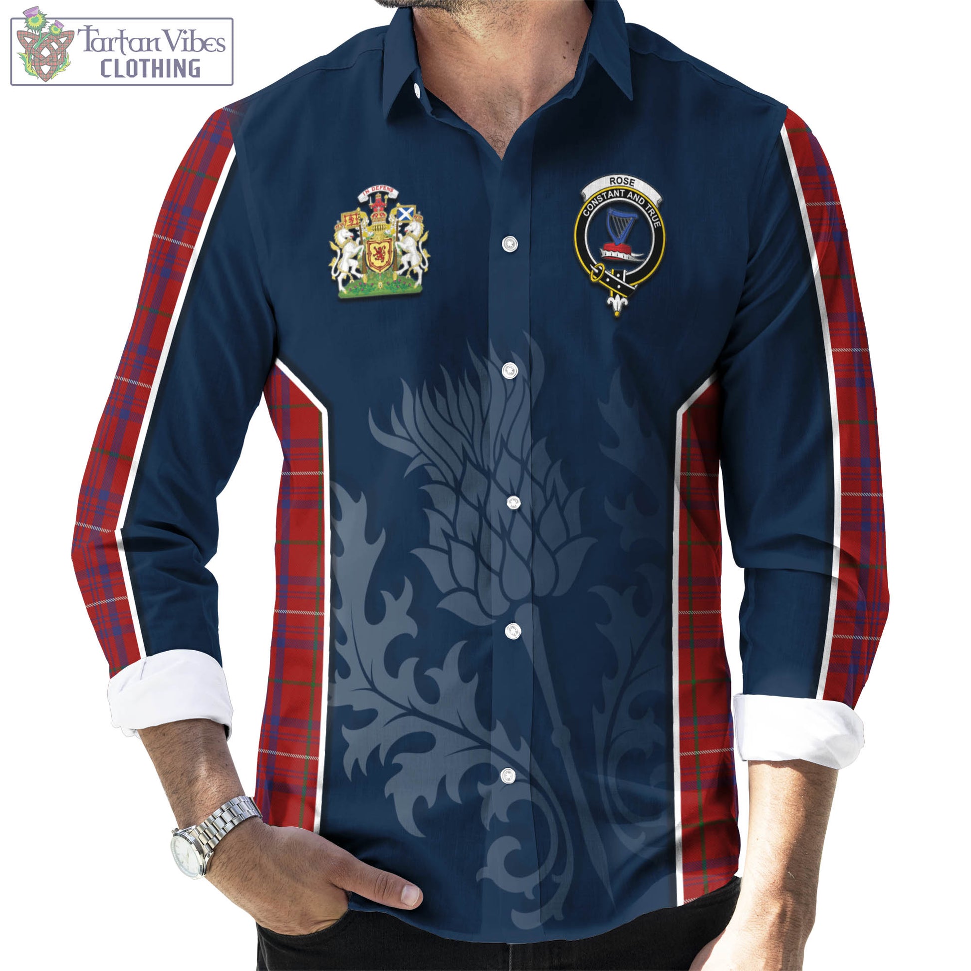 Tartan Vibes Clothing Rose Tartan Long Sleeve Button Up Shirt with Family Crest and Scottish Thistle Vibes Sport Style