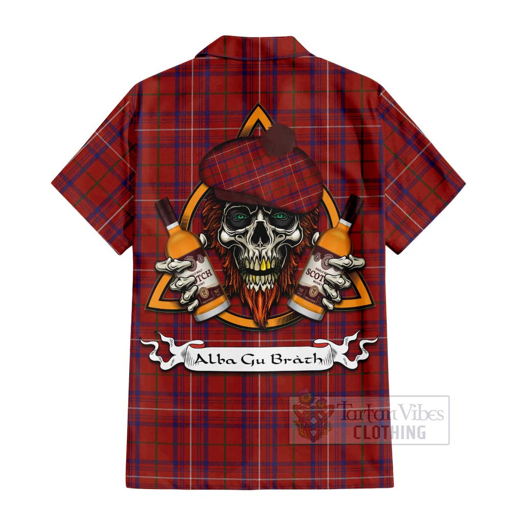 Tartan Vibes Clothing Rose Tartan Short Sleeve Button Shirt with Family Crest and Bearded Skull Holding Bottles of Whiskey