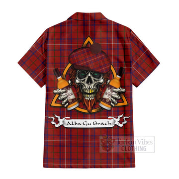 Rose Tartan Short Sleeve Button Shirt with Family Crest and Bearded Skull Holding Bottles of Whiskey