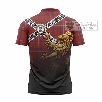 Rose Crest Tartan Zipper Polo Shirt with Golden Lion Emblem Celtic Style - Tartan Vibes Clothing