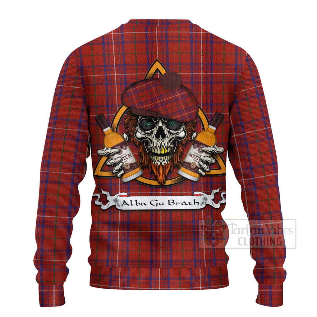 Tartan Vibes Clothing Rose Tartan Knitted Sweater with Family Crest and Bearded Skull Holding Bottles of Whiskey