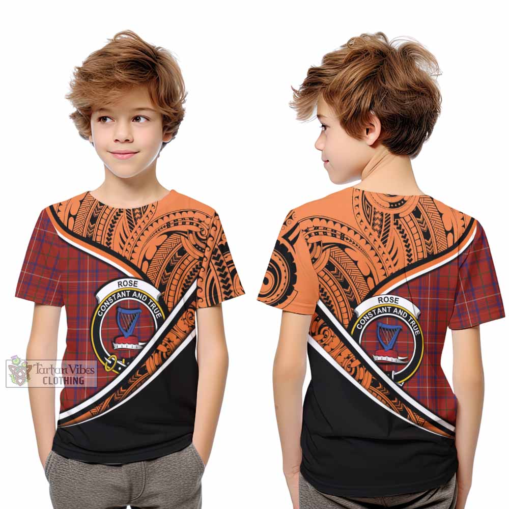 Tartan Vibes Clothing Rose Crest Tartan Kid T-Shirt with Maori Tattoo Style - Orange Version