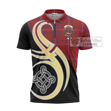 Rose Tartan Zipper Polo Shirt with Family Crest and Celtic Symbol Style