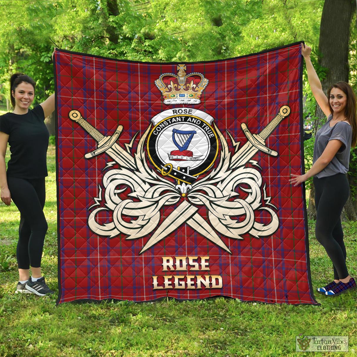 Tartan Vibes Clothing Rose Tartan Quilt with Clan Crest and the Golden Sword of Courageous Legacy