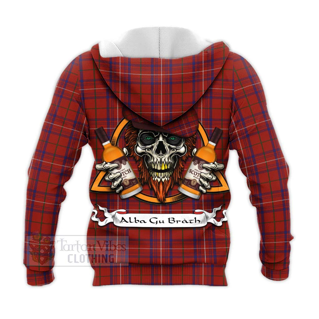 Tartan Vibes Clothing Rose Tartan Knitted Hoodie with Family Crest and Bearded Skull Holding Bottles of Whiskey