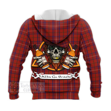 Rose Tartan Knitted Hoodie with Family Crest and Bearded Skull Holding Bottles of Whiskey