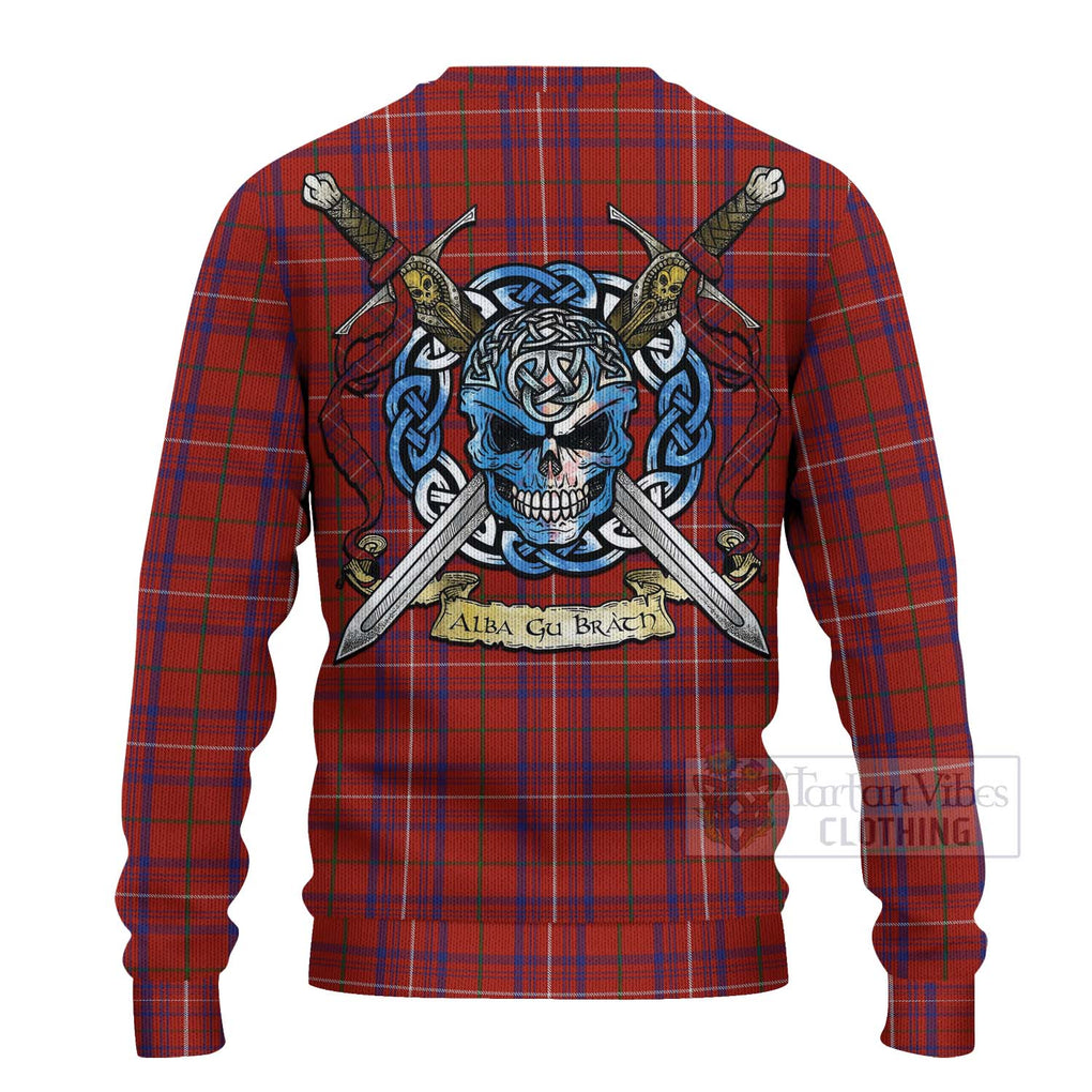 Tartan Vibes Clothing Rose Tartan Knitted Sweater with Family Crest Celtic Skull Style