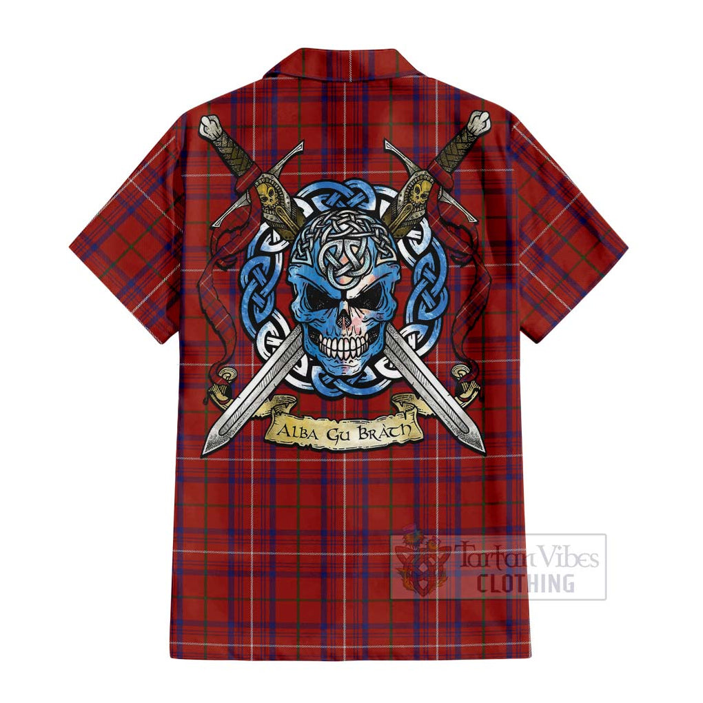 Tartan Vibes Clothing Rose Tartan Short Sleeve Button Shirt with Family Crest Celtic Skull Style