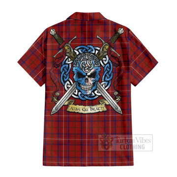 Rose Tartan Short Sleeve Button Shirt with Family Crest Celtic Skull Style