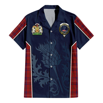 Rose Tartan Short Sleeve Button Up Shirt with Family Crest and Scottish Thistle Vibes Sport Style