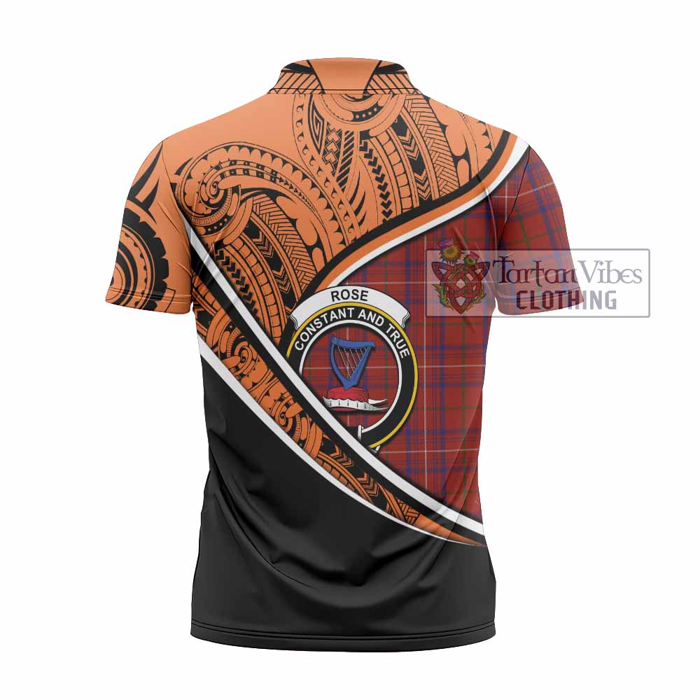 Tartan Vibes Clothing Rose Crest Tartan Zipper Polo Shirt with Maori Tattoo Style - Orange Version