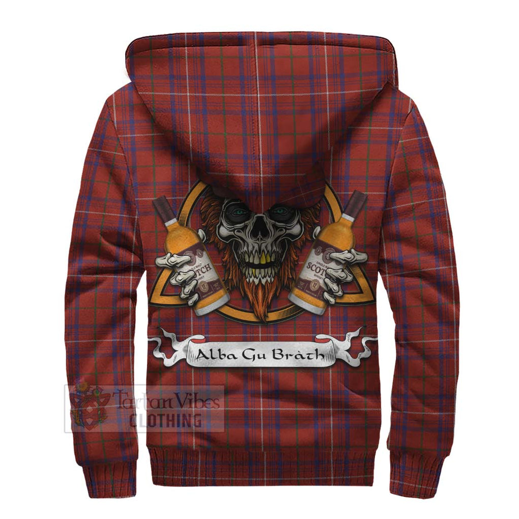 Tartan Vibes Clothing Rose Tartan Sherpa Hoodie with Family Crest and Bearded Skull Holding Bottles of Whiskey