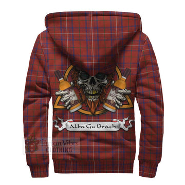 Rose Tartan Sherpa Hoodie with Family Crest and Bearded Skull Holding Bottles of Whiskey