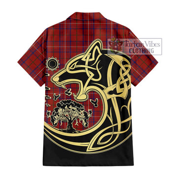 Rose Tartan Short Sleeve Button Shirt with Family Crest Celtic Wolf Style