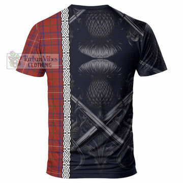 Rose Tartan T-Shirt with Family Crest Cross Sword Thistle Celtic Vibes