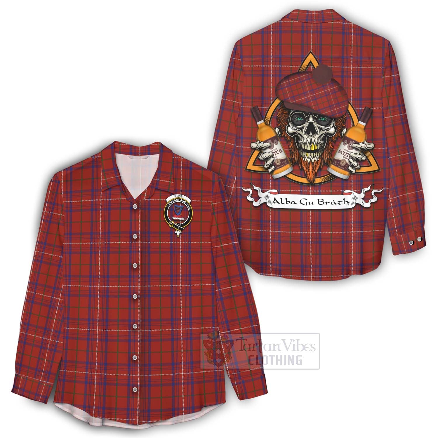 Tartan Vibes Clothing Rose Tartan Women's Casual Shirt with Family Crest and Bearded Skull Holding Bottles of Whiskey