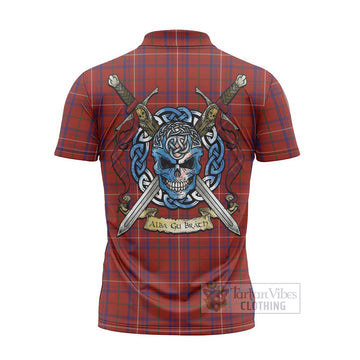 Rose Tartan Zipper Polo Shirt with Family Crest Celtic Skull Style