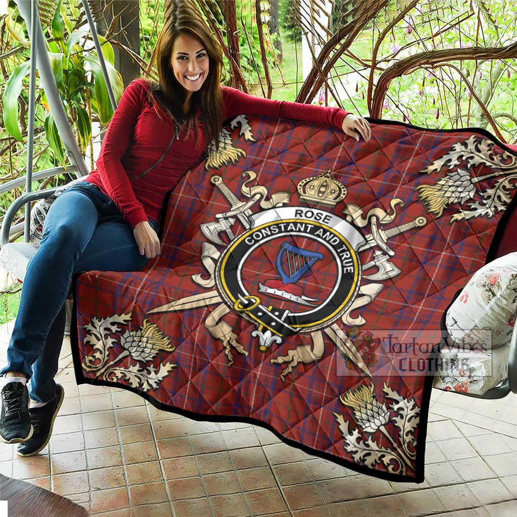 Tartan Vibes Clothing Rose Tartan Quilt with Family Crest and Scottish Golden Courage Shield