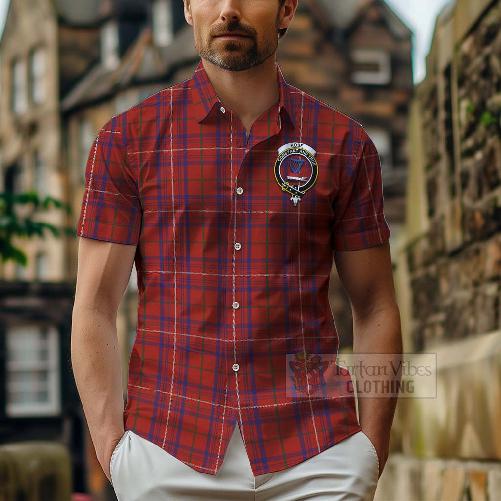 Tartan Vibes Clothing Rose Tartan Short Sleeve Button Shirt with Family Crest Celtic Skull Style